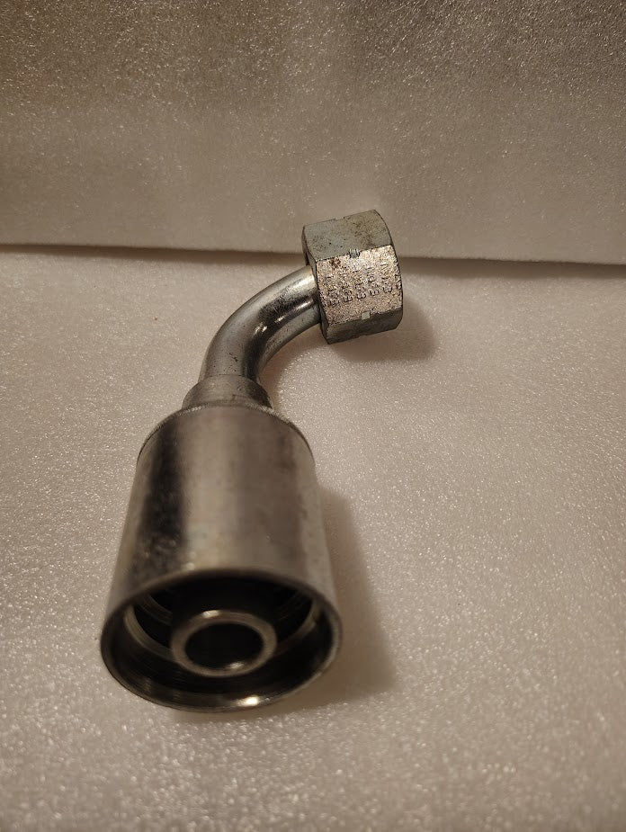 A close-up shows the Weatherhead 43012U-A32 3/4 Hose x 3/4 ORFS Female Fitting (GW32-12x12), a metal hydraulic hose fitting with a 90-degree bend, threaded nut, and wide opening against a textured light background.