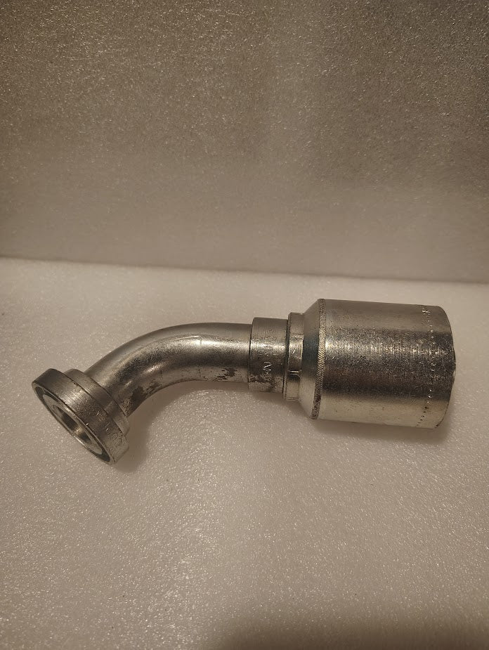 A 43016U-H53 GW51-16x16 hydraulic fitting for 1 hose with a 60-degree bend, featuring a 1 Code 61 flange on one end, shown on a light textured surface.