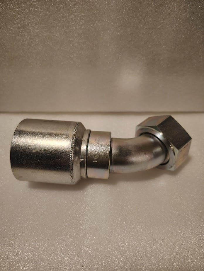 The 43024U-L84 is a 1 1/2 hose x 1 1/2 ORFS swivel fitting with a 45° bend, model GW31-24x24, shown on a light textured background.
