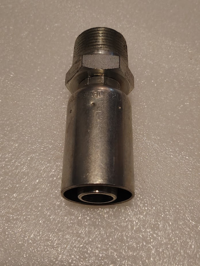 The 12U-116 Weatherhead fitting is a metallic connector with a hexagonal nut and cylindrical body, ideal for 100R1 hoses in plumbing or industrial applications.