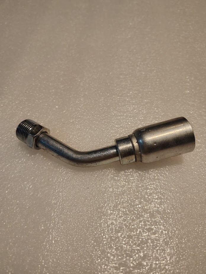 The 08U-B48 metal L-shaped pipe fitting, ideal for Weatherhead applications, sits on a textured surface. It has a threaded end on the left and a cylindrical end on the right connected by a bent tubular section.