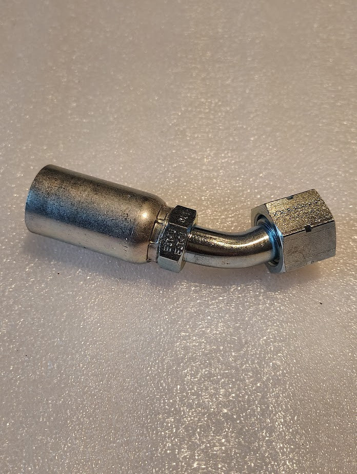 The 10U-L70 | Weatherhead 5/8 Hose x 5/8 ORF Female Fitting - 45 Swivel is a metal hydraulic hose fitting with a partial swivel and a white textured surface, featuring compatibility with Parker fittings, expert design for fluid transfer systems, and different connectors on each end.