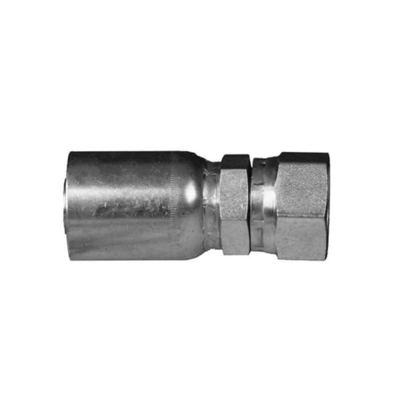 The 04U604 | 1/4" Hose x 1/4" Female JIC Fitting | FJX-04-04 is a metallic hydraulic hose fitting featuring a hexagonal nut and cylindrical sleeve, designed for connecting hoses in fluid systems. This robust Weatherhead fitting is perfect for high-pressure applications, with an industrial appearance.