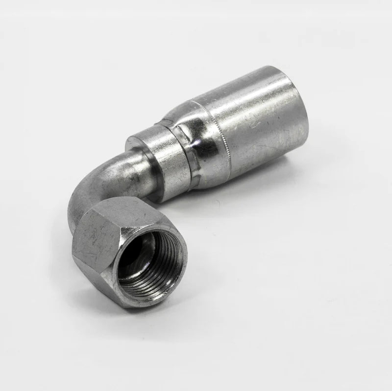 The Weatherhead 04U665 is a metal hydraulic hose fitting with a 1/4 hose and a 1/3 JIC female fitting, designed at a 90-degree angle, shown on a white background. It features a threaded end for secure connections.