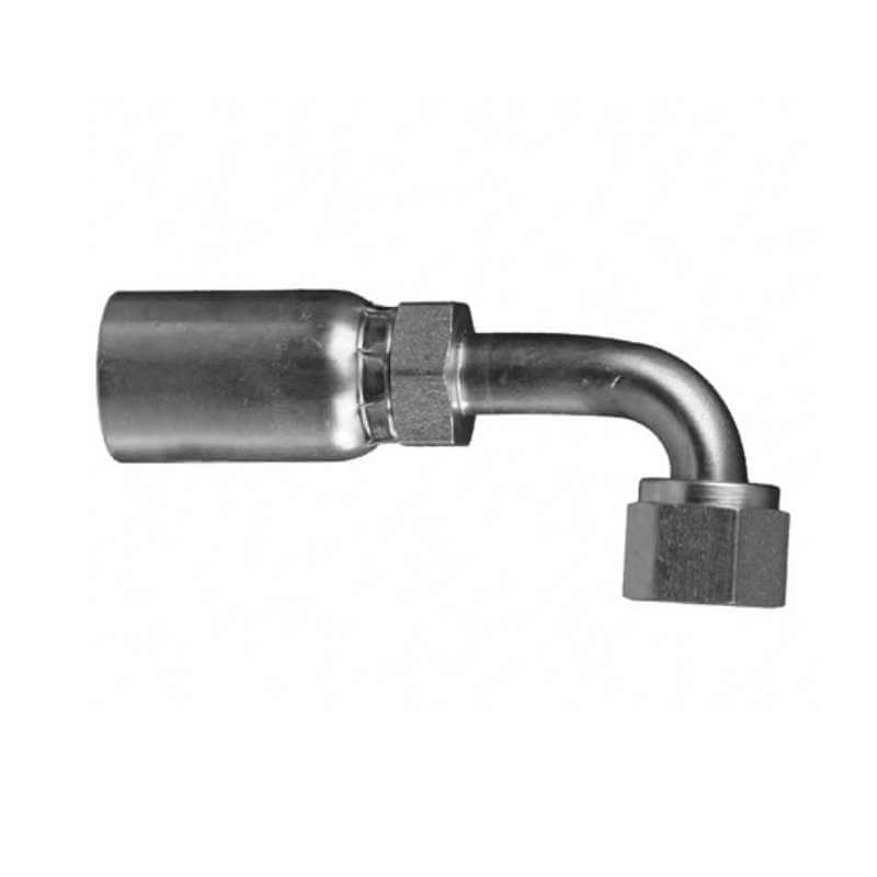 The 04U666 fitting is a 1/4" hose by 3/8" female JIC fitting with a 90-degree bend, featuring a hexagonal nut on one end and a smooth cylindrical body on the other. Its polished finish ensures compatibility with Weatherhead fittings for seamless integration.