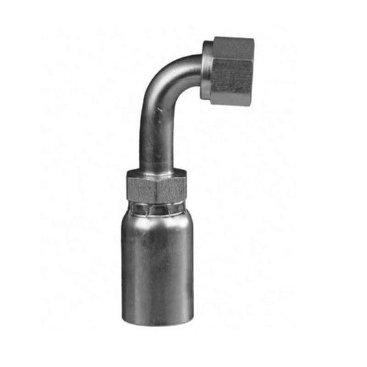 The 04U666 fitting is a 1/4" hose by 3/8" female JIC fitting with a 90-degree bend, featuring a hexagonal nut on one end and a smooth cylindrical body on the other. Its polished finish ensures compatibility with Weatherhead fittings for seamless integration.