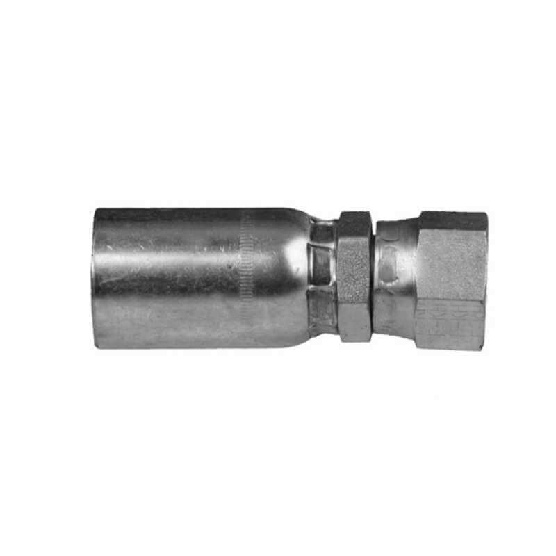 Image of a metallic fitting labeled as 04US64, featuring a hexagonal nut on one end and a cylindrical body on the other. This FFX-04-04 fitting is designed for connecting 100R series hoses and is presented against a plain white background.