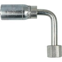 Close-up of a silver metal 90-degree elbow connector fitting: Weatherhead 06U446, 3/8 Hose x 3/8 SAE Female Fitting - 90 Long with hexagonal nut ends.