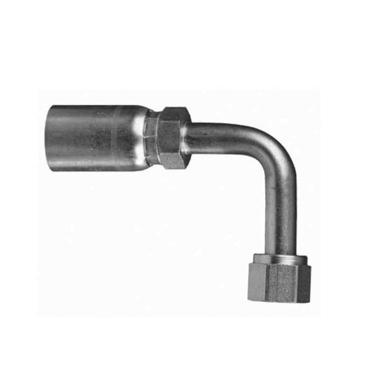 The 06UA66 | 3/8" Hose X 3/8" ORFS Female Long Drop 90 | FFX90L-06-06 is a metal pipe fitting equipped with an elbow joint and two hexagonal ends, specifically designed for connecting pipes in hydraulic systems. Compatible with 100R1, it ensures a secure connection with one straight end and one curved at a right angle to facilitate efficient fluid flow.