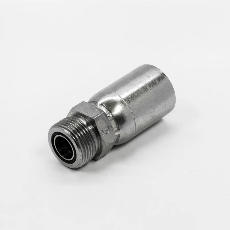 A 06UE66 Weatherhead 3/8 Hose x 3/8 ORFS Male Fitting (CS29-6X6), compatible with 100R1 hoses, features a hex nut and threaded end. The shiny steel, cylindrical fitting resembles classic Weatherhead fittings and rests on a white surface.