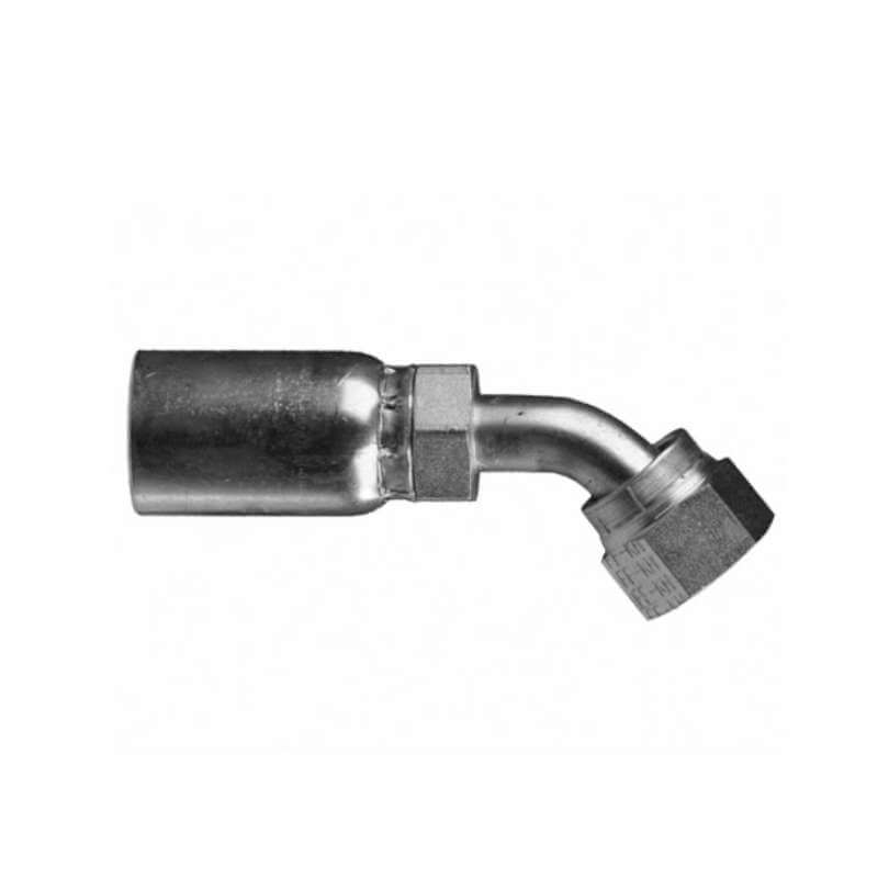 The 06UL66 is a shiny metal hydraulic hose fitting designed for secure connections to machinery or piping, featuring a straight end and a 45-degree angled elbow. It is compatible with 100R1 hoses and includes a threaded hexagonal nut for secure attachment. The product is photographed against a white background.