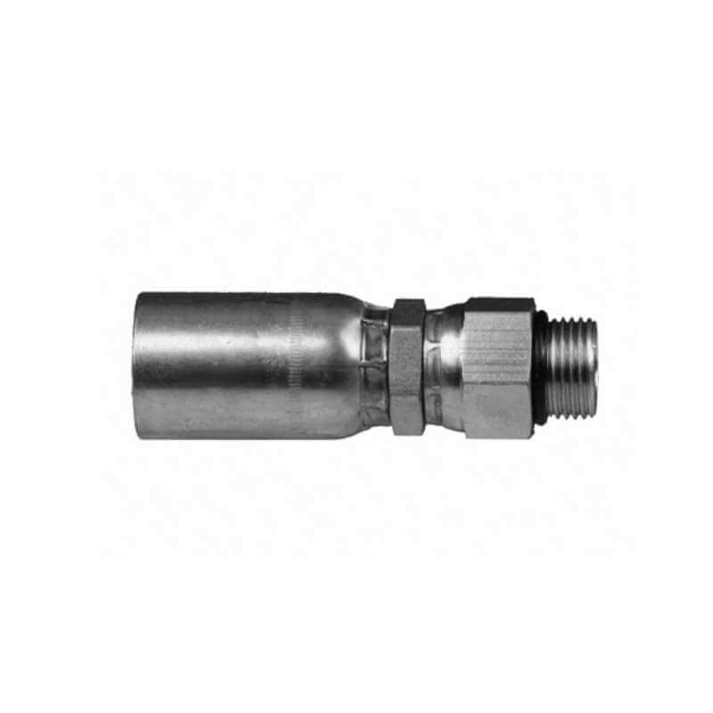 Close-up of a metal hydraulic fitting, similar to the Weatherhead variety, featuring a hexagonal section and a threaded end. The 06UR06 | 3/8" Hose X 3/8" ORB Male Swivel Fitting | MBX-06-06 has a smooth cylindrical body designed to connect compatible hoses in hydraulic systems and is set against a plain white background.