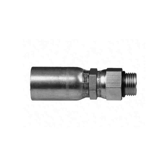 Close-up of a metal hydraulic fitting, similar to the Weatherhead variety, featuring a hexagonal section and a threaded end. The 06UR06 | 3/8" Hose X 3/8" ORB Male Swivel Fitting | MBX-06-06 has a smooth cylindrical body designed to connect compatible hoses in hydraulic systems and is set against a plain white background.