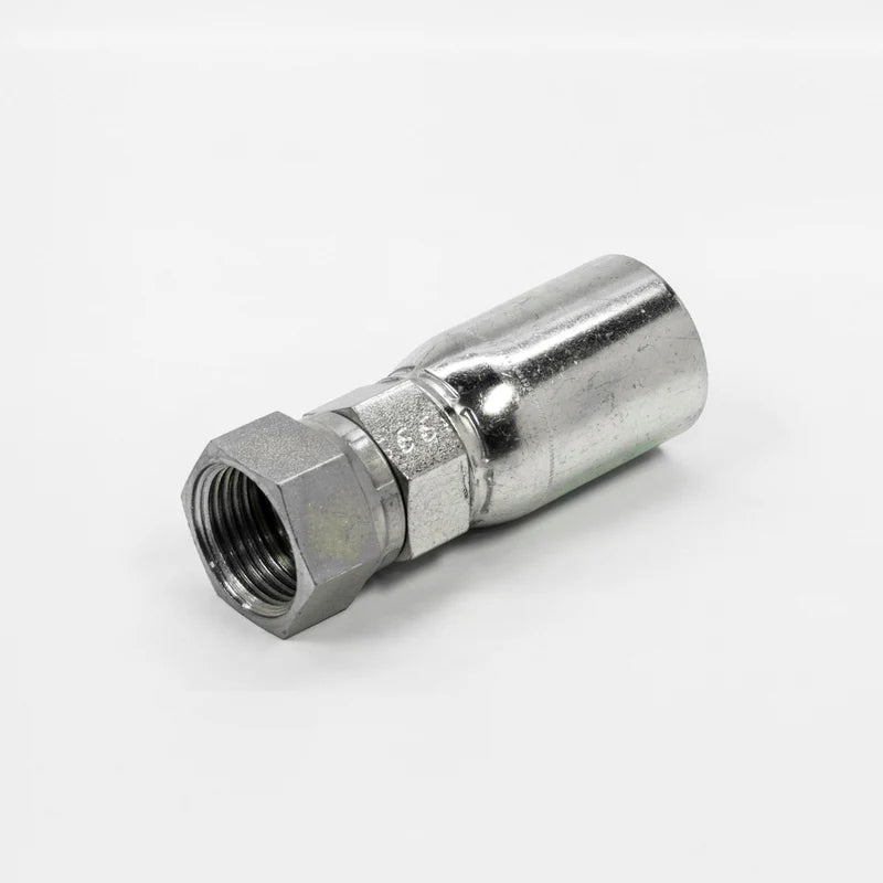 Close-up of a Weatherhead 08U22K fitting featuring a shiny M22x1.5 JIS female hexagonal nut end, with a smooth cylindrical body for connecting 1/2 hydraulic hoses, isolated on white.
