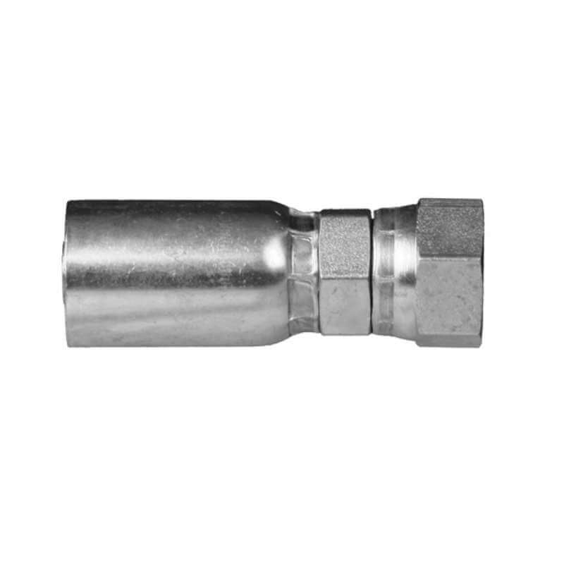 The Weatherhead 08U358 fitting is a straight 1/2 hose x 1/2 BSPP female fitting with a reflective, brushed cylindrical body and hex nut. It is displayed horizontally on a white background.