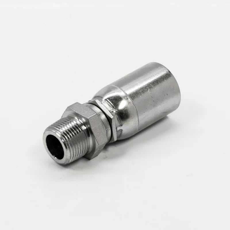 The 08UJ08 Weatherhead 1/2 Hose x 1/2 NPT Male Swivel Fitting is metallic, shiny, and cylindrical with hexagonal features for tightening, showcased against a plain white background.