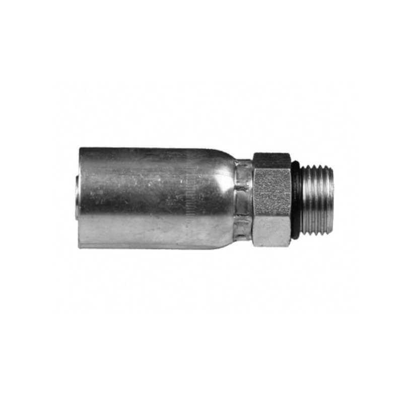 The 08UP10 | 1/2" Hose X 5/8" ORB Male Fitting (model MB-08-10) is a silver metal hydraulic fitting designed to be compatible with Weatherhead fittings. It includes a threaded end and a smooth cylindrical body for connecting hoses or pipes, ensuring efficient fluid flow in hydraulic systems. The fitting also features a hexagonal section for easy tightening.