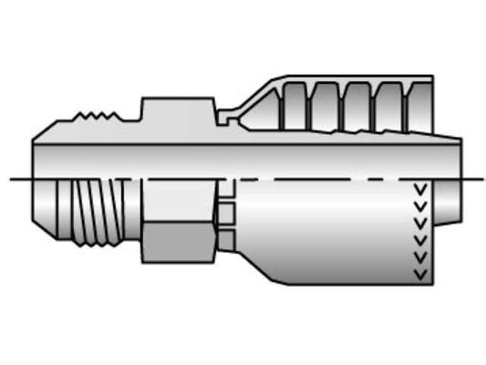 Illustration of a Parker 10371-14-12 Male JIC 37° Fitting, featuring a mechanical component with a threaded connector on one end and a crimp-type hose end on the other. It includes a cross-sectional view displaying the internal structure and flow direction indicated by arrows.