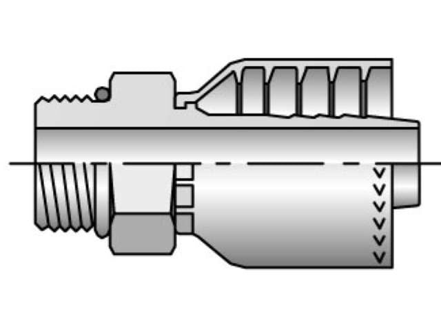 Technical diagram of the Parker 10571-8-8 Male SAE Straight Thread with O-Ring Fitting - Rigid. It showcases a threaded section on the left, a hexagonal nut in the center, and a barbed connector on the right. The image presents a cross-section view, emphasizing the interior components of this hydraulic spiral hose solution.