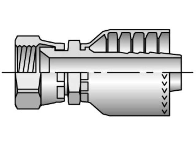 A technical drawing of the 10671-10-8 Female JIC 37° Swivel Fitting, featuring Parkrimp Fittings, is shown. The cross-sectional view highlights the internal structure, including components such as threads and grooves. The fitting appears to include a barbed end for secure attachment with a Hydraulic Spiral Hose.