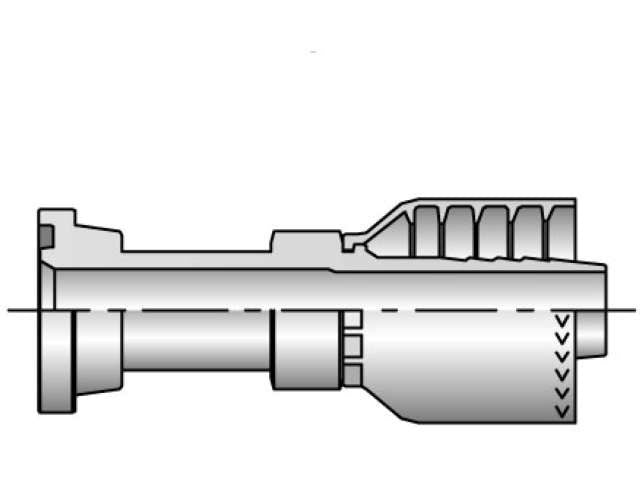 Diagram of a mechanical component with two interlocking parts, featuring different textures and parallel lines. The left part is cylindrical, resembling a Crimp Type Hose End, while the right part has a stepped design with arrow markings, reminiscent of the 11571-12-8 SAE Code 61 Flange Head Fitting.