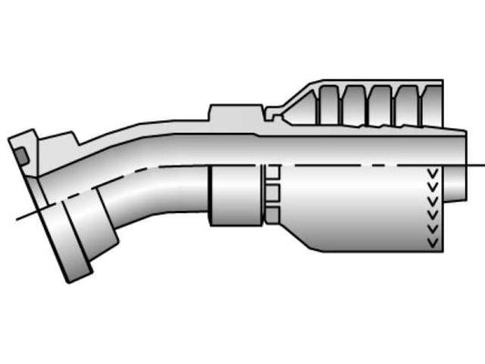 Illustration of a 11671-16-12 industrial hose fitting, showcasing a sectional view with detailed components, featuring a corrugated section and an SAE Code 61 Flange Head - 22-1/2 deg Elbow Fitting on one end.