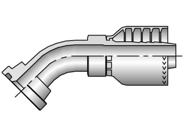 Illustration of a metal pipe featuring a ribbed section and an angled elbow joint with the SAE Code 61 Flange Head - 45 deg Elbow Fitting. The pipe seems to be part of an industrial system, depicted in a cutaway view revealing inner components and a segment with diagonal lines, resembling the Parker Hydraulic Spiral Hose design.