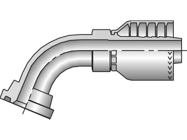 This illustration depicts the SAE Code 61 Flange Head - 67-1/2 deg Elbow Fitting, featuring a curved section and cylindrical extension. The grooved surfaces and partial cross-section view may reveal internal components or chambers, similar to those found in Parkrimp permanent fittings designed for durability and secure connections.