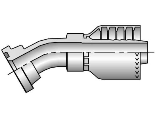 A technical diagram of a mechanical component showcases a curved pipe connected to a segmented section, with arrows indicating flow direction. The design features various cylindrical and ridged elements, including the Parker Hydraulic Spiral Hose for enhanced durability and performance. Featured in the setup is the 12671-16-16 | SAE Code 61 Flange Head - 30° Elbow Fitting.