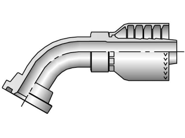 Diagram of the 12771-24-24 product, which is an SAE Code 61 Flange Head with a 60-degree elbow fitting featuring a tapered end. The top portion includes a corrugated section similar to a crimp-type hose end, while the bottom has a cylindrical form with slanted lines. This image seems to depict a mechanical component.