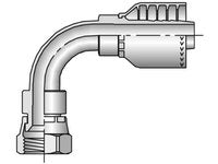 Illustration of the 13971-10-8 Short Drop Fitting, featuring a 90-degree elbow metal pipe with one side having a threaded Female JIC 37-degree swivel end and the other side equipped with a ribbed hose connection, designed for fluid transportation systems.