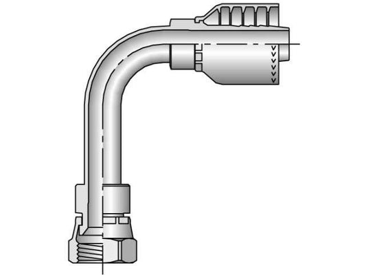 Illustration of a Parker 14171-10-10 fitting, featuring a female JIC 37-degree swivel and a long drop design with a 90-degree elbow. Ideal for hydraulic spiral hoses, this metal fitting is depicted in a monochrome, technical style.