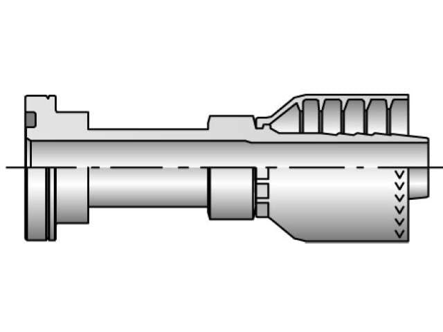 Diagram of a mechanical component featuring two cylindrical sections connected by a rectangular housing, reminiscent of the Parker 16A71-24-24. The right side includes a slotted pattern, while the left ends with a smaller cylinder. Lines indicate measurements.