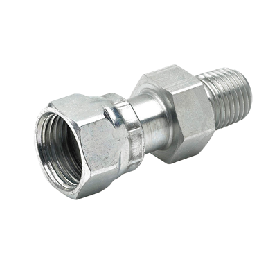 The 16 F6L-SS | Seal-Lok ORFS Straight Swivel F6L Tube Fitting is a metal hexagonal pipe fitting with one end featuring a male threaded connector and the other a female threaded connector, ideal for hydraulic systems requiring O-Ring Face Seal compatibility, displayed against a white background.