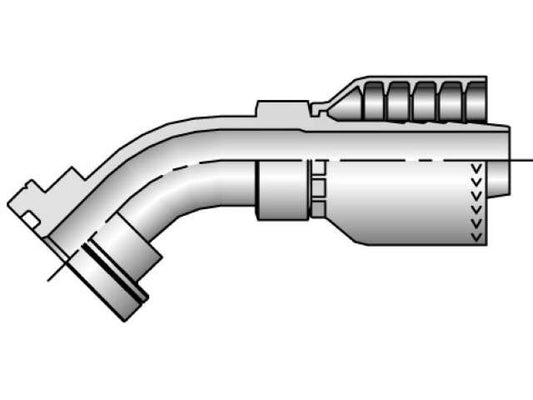 A technical illustration of a Parker 16F71-20-16, a 45-degree Elbow Fitting, displays its bent cylindrical shape. The fitting includes a Code 62 Flange Head on one end and has a series of ridges on the opposite end, with an arrow in the middle indicating direction.