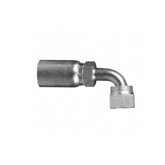 The 16US76, also known as the FFX-16-16, is a silver metal hydraulic hose fitting designed for 100R1 hoses. It features a secure connection with its 90-degree elbow angle and straight ORFS female swivel end complemented by a hexagonal nut. The fitting is elegantly presented against a white background.