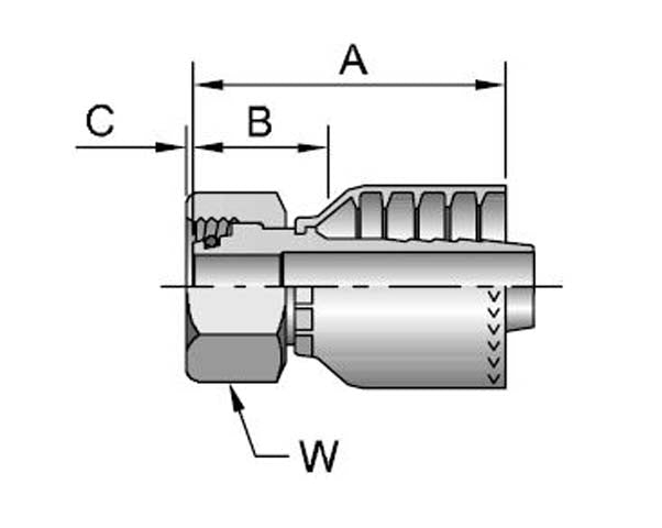 Technical diagram of the 1C971-16-8 Female Metric S Swivel Fitting, featuring measurements labeled A, B, and C. The fitting includes a hexagonal nut and threaded sections, with the letter W indicating one part. The illustration provides clear details on components and dimensions for this crimp-style fitting.