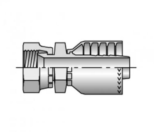 A black and white technical illustration shows the 1FU71-12-12 Female BSP Parallel Pipe Fitting, featuring a hydraulic spiral hose design with threaded ends and a central hexagonal section. This Parkrimp permanent fitting also includes an internal channel and external grip lines, marked by arrows along its cylindrical body.