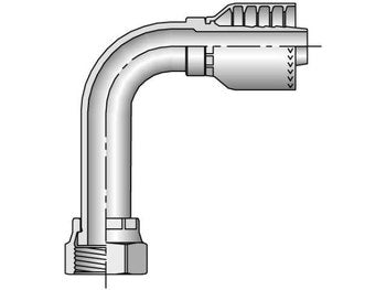 Diagram of a 90-degree elbow pipe fitting featuring a threaded end on the bottom and a hose connector on top. The Parker 1J171-16-16 Female Seal-Lok - Swivel - Long Drop O-Ring Face Seal Fitting is showcased in a metallic finish with an arrow indicating the flow direction through the connector.