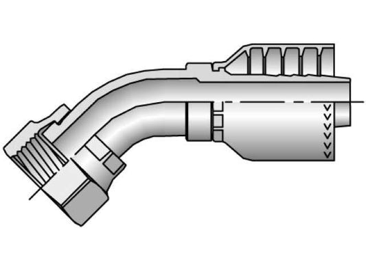 Diagram of a Parker 1J771-24-24 metal hydraulic fitting featuring a 45-degree Swivel Elbow. The fitting has a threaded end on the left and an O-Ring Face Seal (Seal-Lok) compatibility, making it ideal for connecting hydraulic spiral hoses. Design includes a cutaway view to highlight its features.