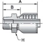 Technical diagram of a Parker 1UT71-16-16 metal pipe fitting with measurements labeled A, B, and H. This fitting has threading on one end and grooves on the other, making it suitable for crimp-type hose end fittings. The side view displays the coupling and connectors of the Male BSP Taper Pipe - Rigid - Straight - 60° Cone Fitting.