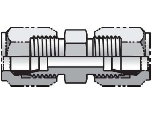 An illustration of a mechanical component, likely the Parker 32 HBU-SS Ferulok 24° Flareless Fitting, depicts a symmetrical design featuring screw threads on both ends and a central hexagonal section for tightening or fastening. This fitting provides secure hydraulic connections, showcasing the precision of 24° flareless technology.