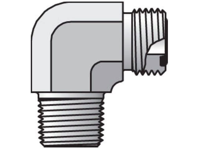 Illustration of a Parker 8 CLO-S Seal-Lok O-Ring Face Seal tube fitting, designed as a 90-degree metal pipe elbow with threaded ends on both the horizontal and vertical sides. This gray fitting has a smooth surface texture, making it ideal for applications that require a Seal-Lok or O-Ring Face Seal connection.