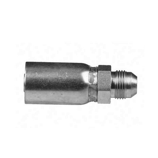 The CS08-6x6 fitting, a 3/8" Hose x 3/8" Male JIC connection labeled MJ-06-06, is a metal cylindrical pipe component with threaded ends for connecting hoses or tubes. Its surface features a matte finish and it is photographed against a plain white background, similar in style to Weatherhead fittings.