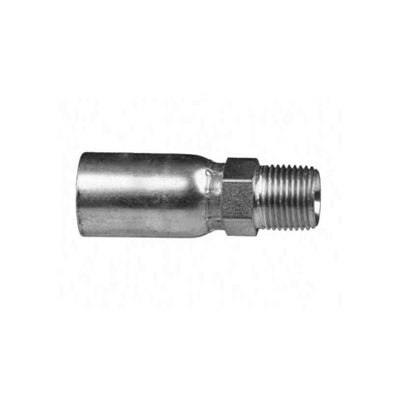 A 04U106 | 1/4 Hose x 3/8 NPT Male Fitting (MP-04-06, CS01-4x6) with center hex nut, male threaded end right, smooth hose end left, isolated on white. Ideal for hydraulic hoses; compatible with Weatherhead 04U-106 fittings.