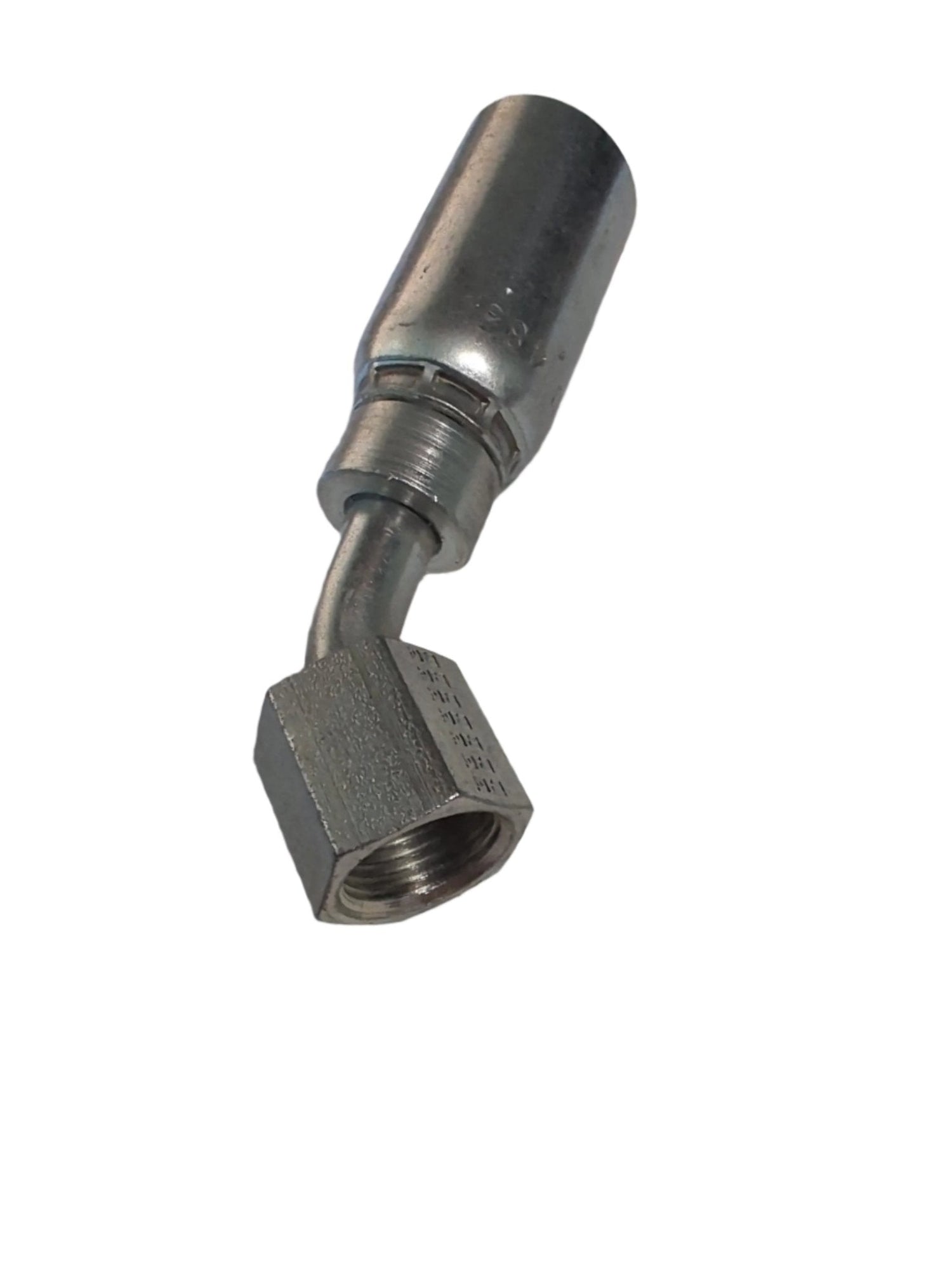 The 06U-486 | 3/8 Hose x 3/8 SAE Female Fitting (CS22-6x6) is a metal hydraulic hose fitting with a hex nut and curved connector, featuring a 45° female swivel design, shown isolated on a white background.