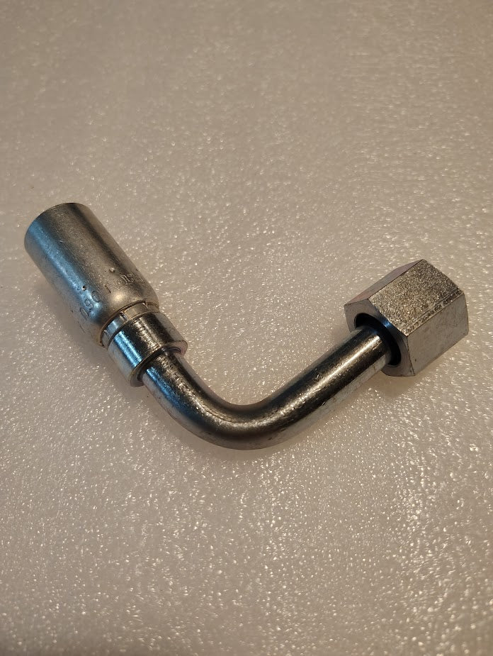 The 06U-A68 Weatherhead 3/8 Hose x 1/2 ORF Female Fitting (CS33-6X8) is a metal hydraulic fitting with a 90-degree bend, featuring a cylindrical end and hex nut—ideal for compatible hoses and hydraulic fittings.