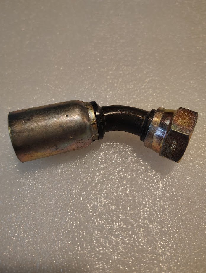 The 08U-48P Weatherhead 1/2 Hose x 1/2 BSPP Female Fitting (CS43-8X8) has a bent black section with cylindrical and hexagonal ends, designed for 100R style hoses and shown on a textured, light-colored surface.
