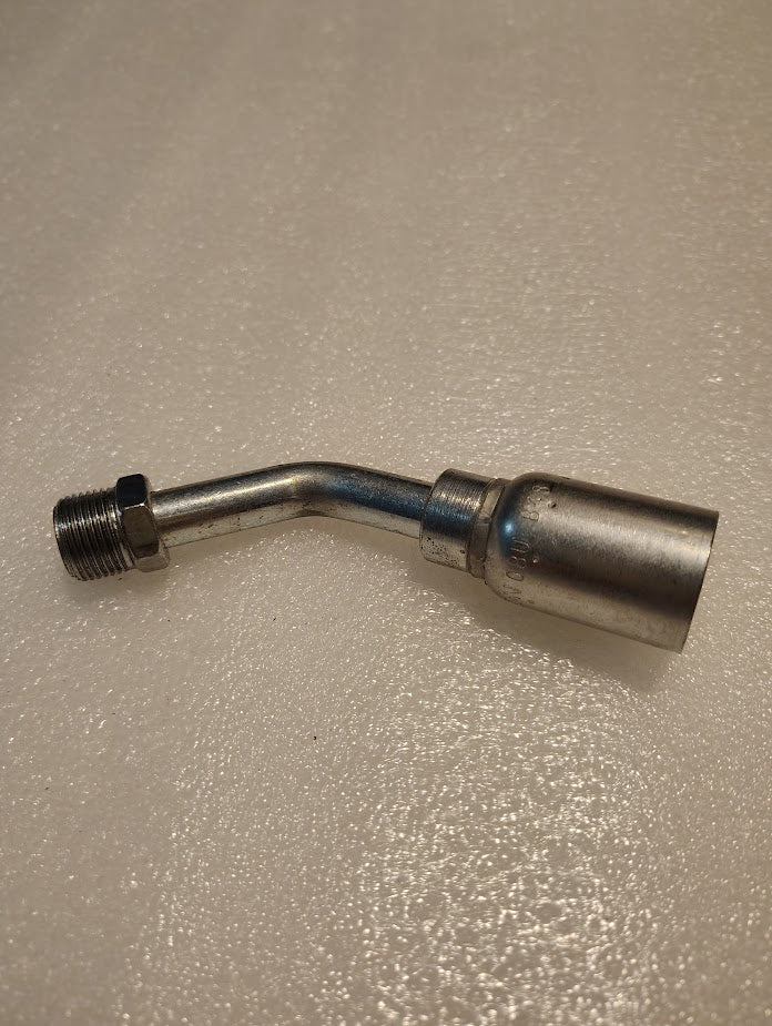 The Weatherhead 08U-B48 1/2 Hose x 1/2 Inverted Male Fitting (CS19-8X8) with a threaded end, bent midsection, and wide cylindrical end is displayed on a textured white surface.