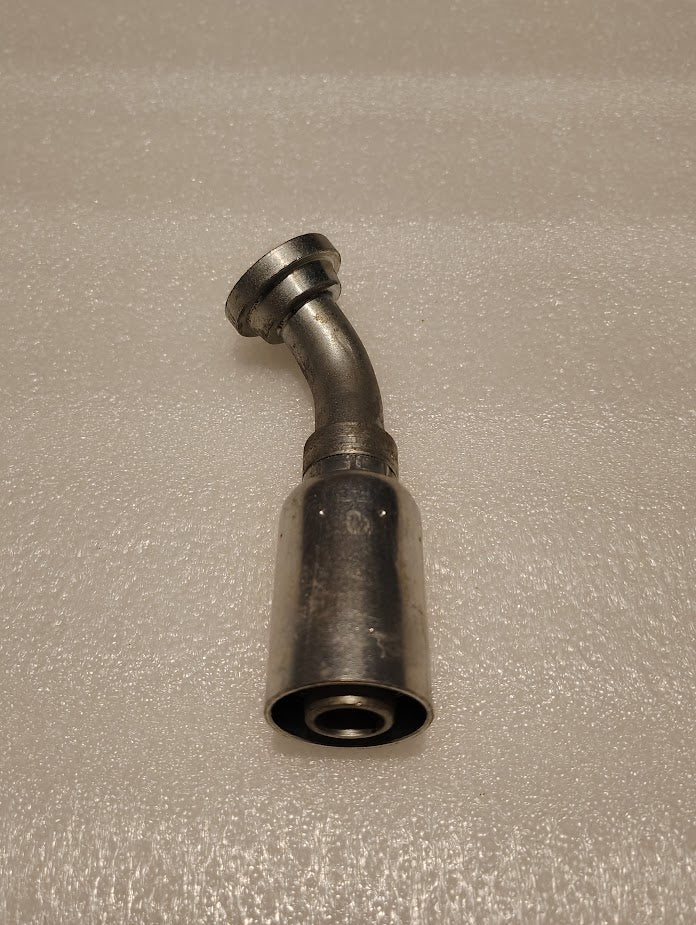 A 12U-G42 Weatherhead 3/4 Hose x 3/4 Code 61 Flange Fitting (CS50-12X12) with a curved neck and threaded end rests on a textured white surface, highlighting the quality of hydraulic hose fittings.